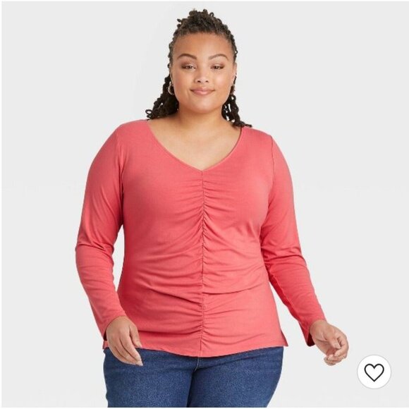 Womens Coral Pink Ruched Knit Top V Neck Long Sleeve Ava & Viv Plus Size 1X - Picture 2 of 12